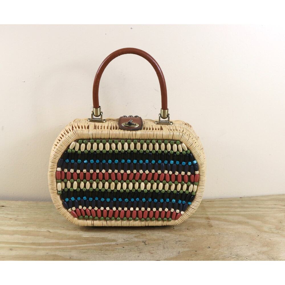Patricia Nash Bag Brown Multi Cipressa Beaded Wicker Satchel Handbag No Strap